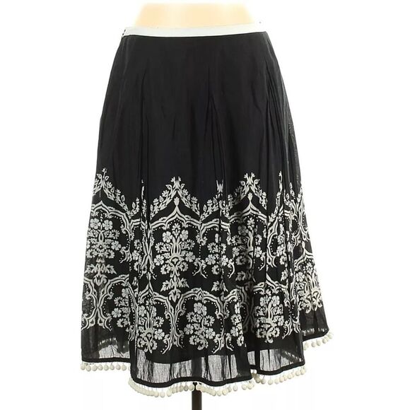 Ann Taylor Loft Beaded Floral Batik B&W Cotton Skirt Tassel Pompom Trim | 12 GUC - Picture 1 of 13